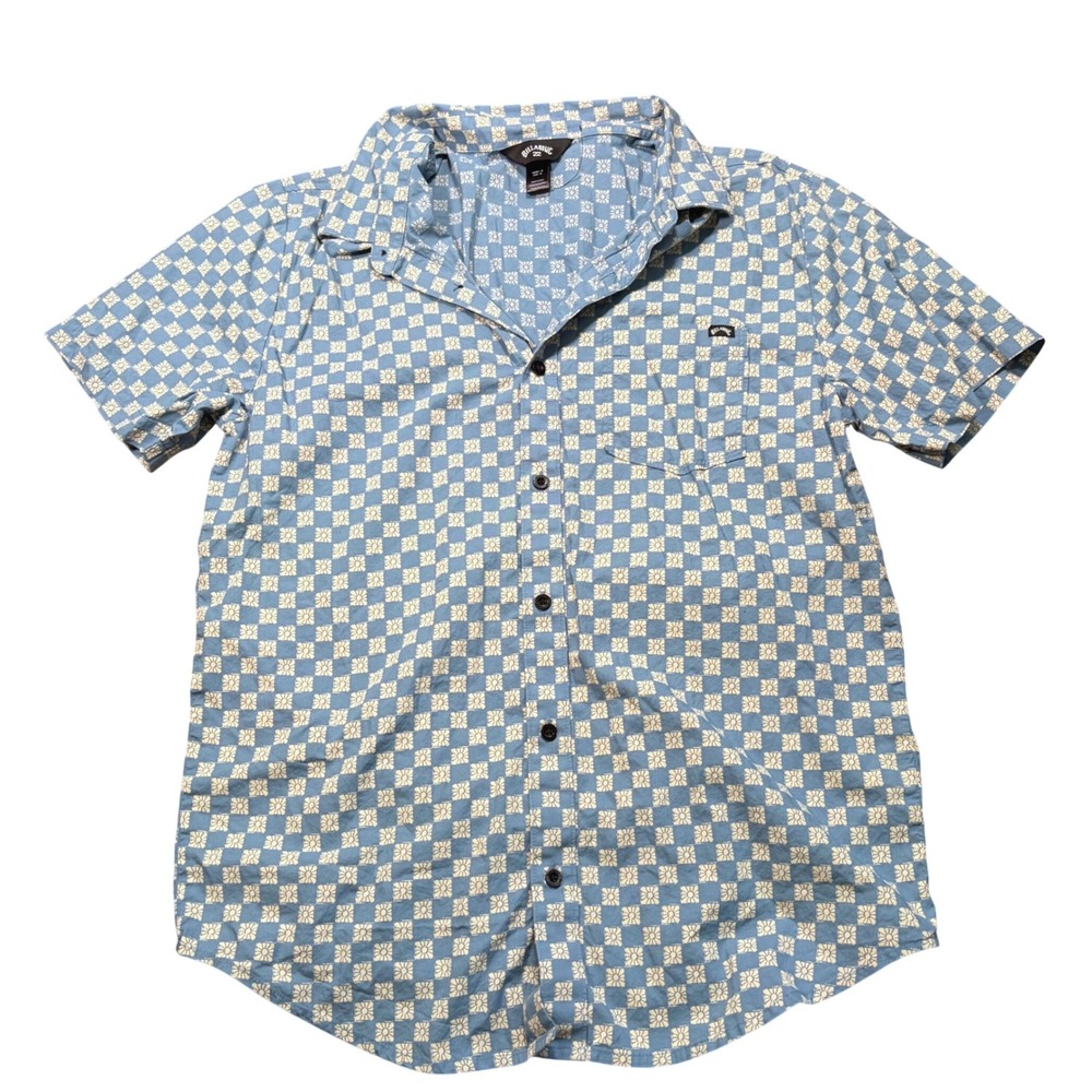 Billabong Mens Blue Checkered Sunburst Floral Short Sleeve Button Down Shirt M